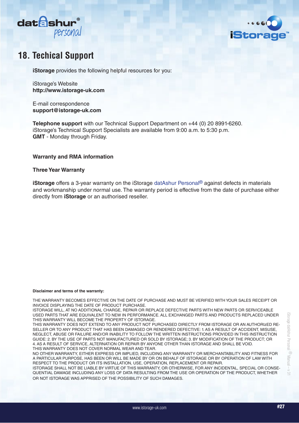 Personal, Techical support | iStorage datAshur Personal Manual User Manual | Page 27 / 28