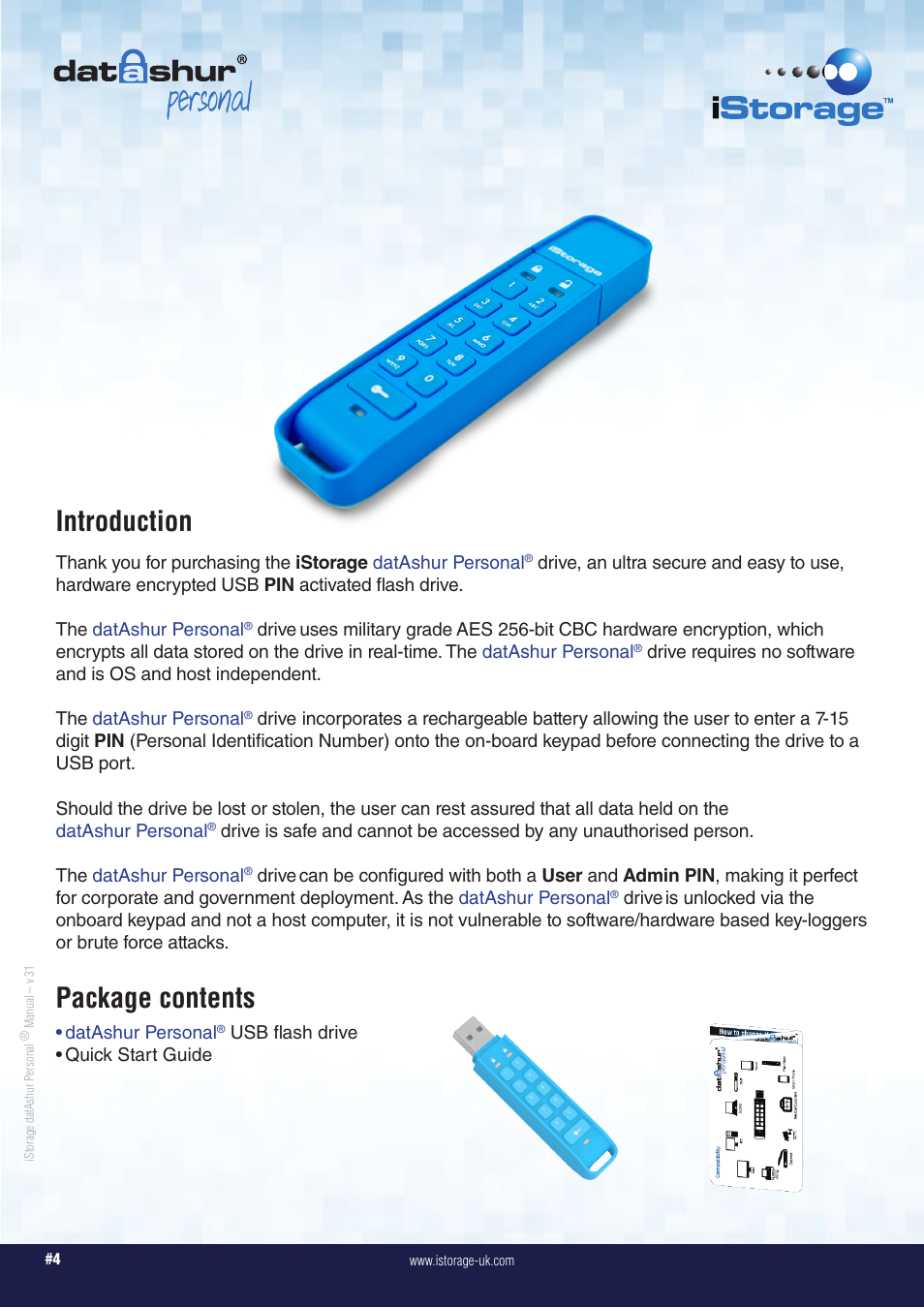 Personal, Package contents, Introduction | iStorage datAshur Personal Manual User Manual | Page 4 / 28