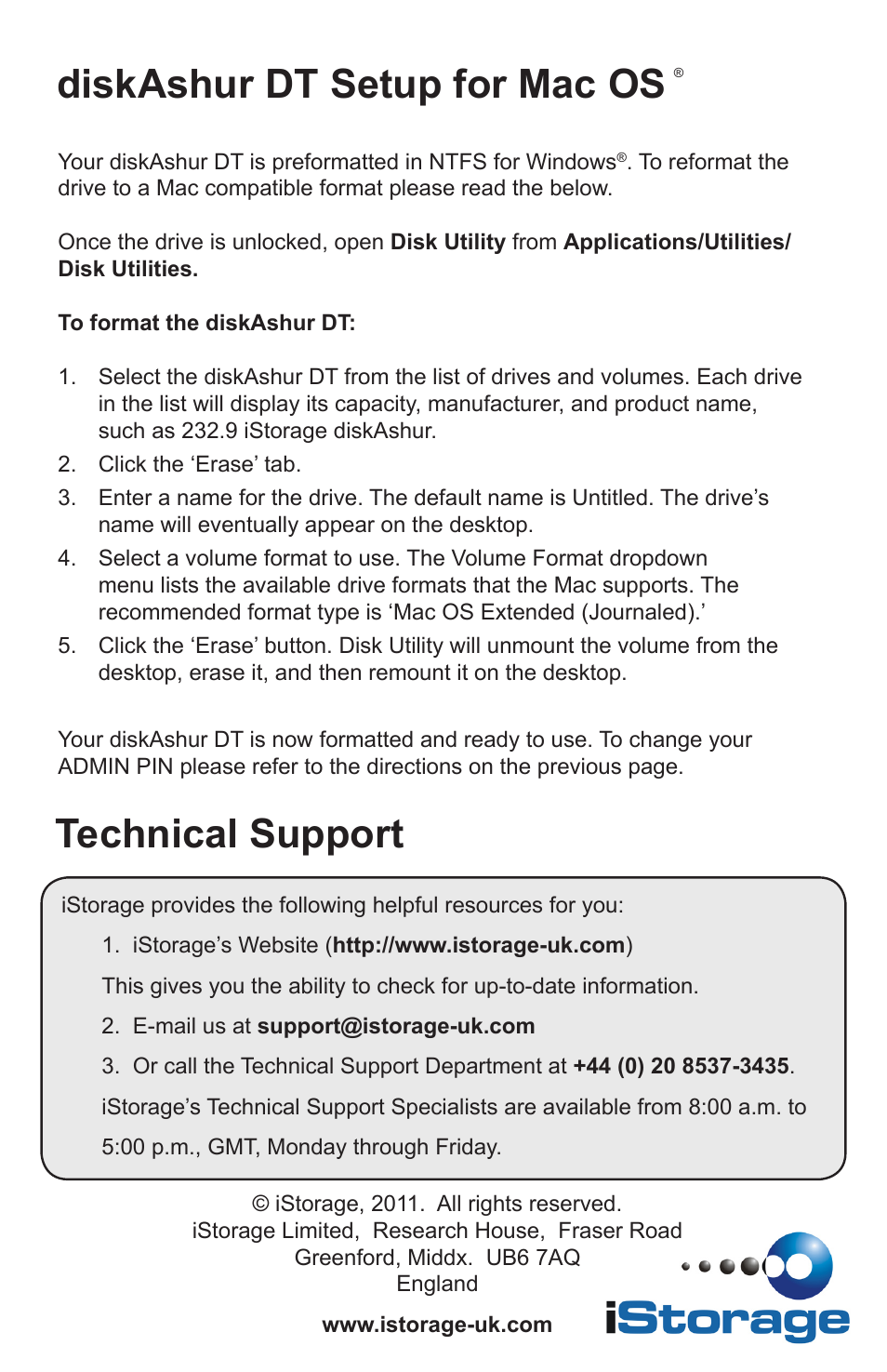 Diskashur dt setup for mac os, Technical support | iStorage diskAshurDT Quick Start Guide User Manual | Page 2 / 2