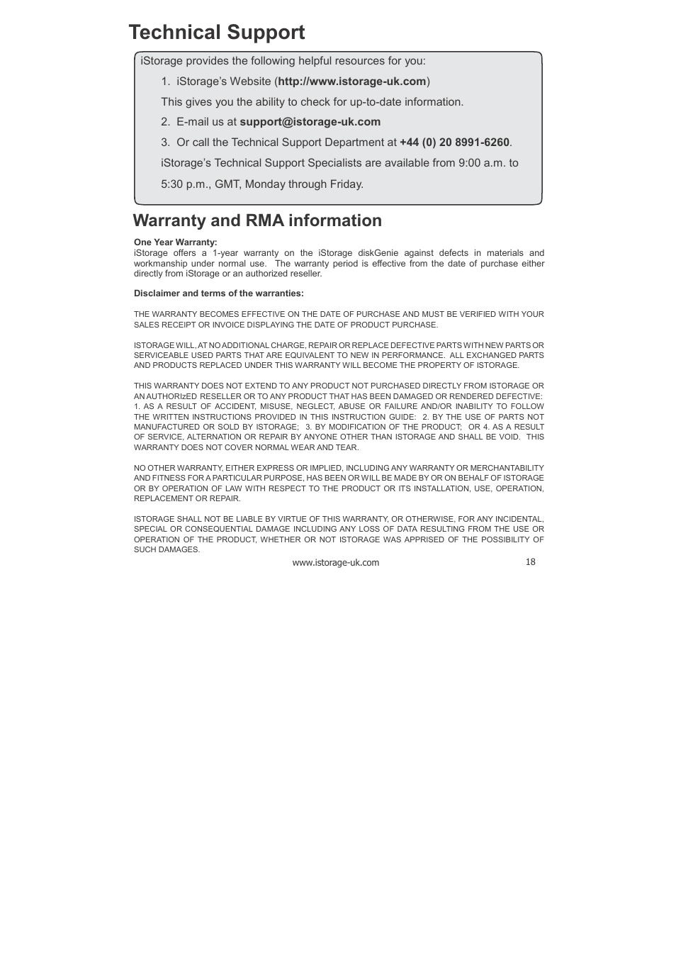 Technical support, Warranty and rma information | iStorage diskG Manual User Manual | Page 18 / 19