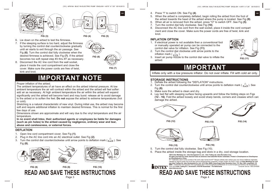 Read and save these instructions, Important, Intex | Intex TWIN COMFORT-PLUSH ELEVATED AIRBED WITH BIP 2014 User Manual | Page 2 / 2