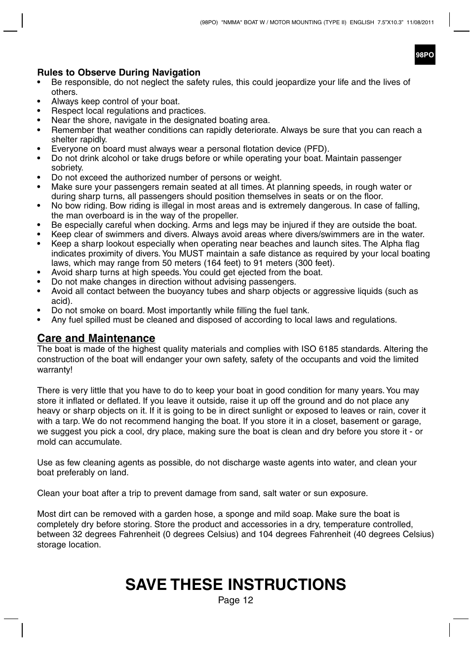Save these instructions, Care and maintenance | Intex MARINER 4 BOAT SET 2012 User Manual | Page 12 / 14