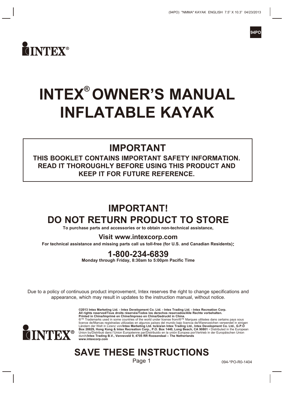 Intex EXPLORER K2 KAYAK 2014 User Manual | 9 pages