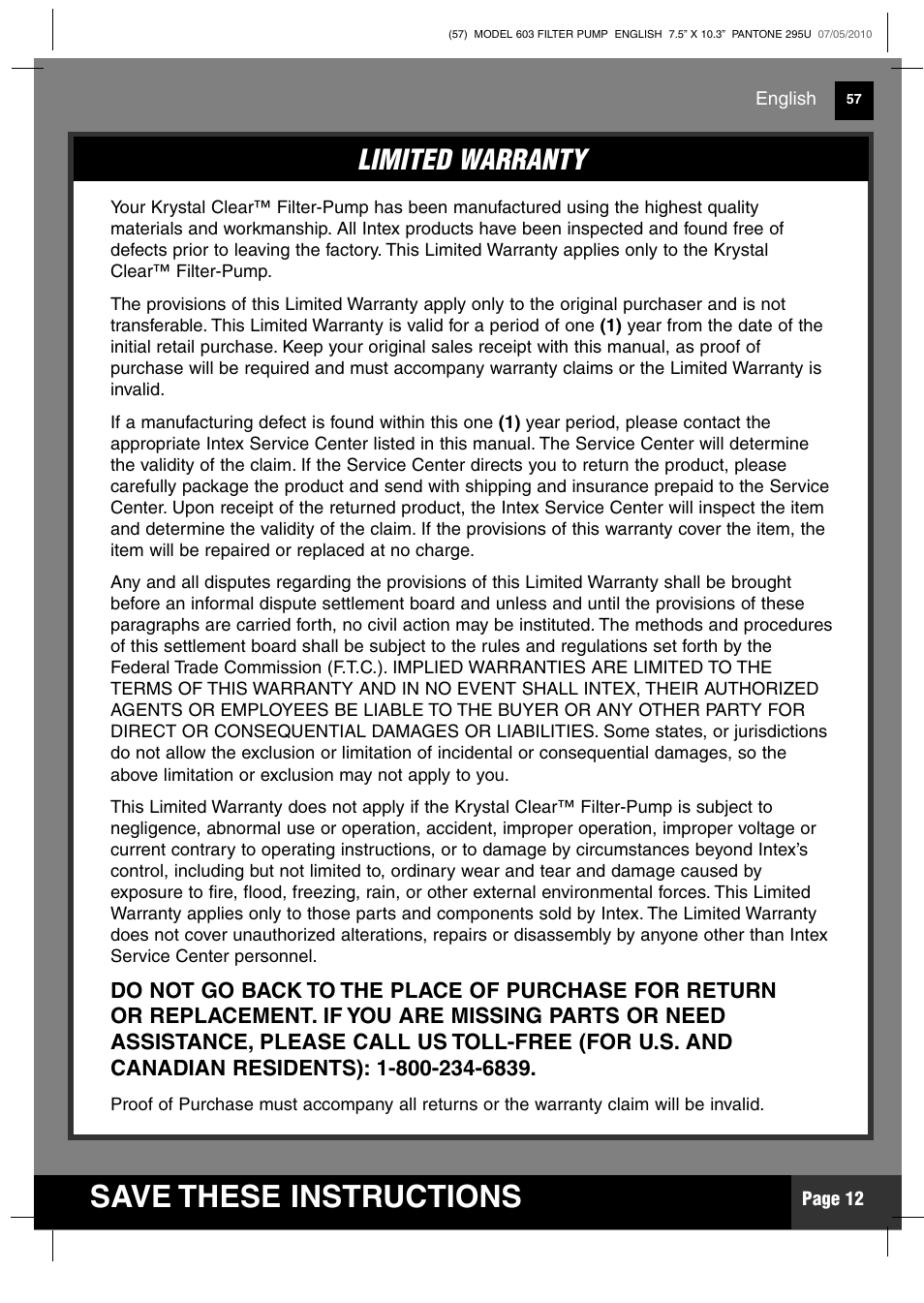 Save these instructions, Parts list, Limited warranty | Intex 603 Krystal Clear 2011 User Manual | Page 12 / 14