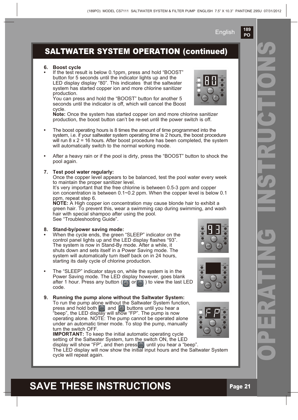 Operating instructions, Save these instructions, Saltwater system operation (continued) | Intex CS7111 Krystal Clear Saltwater System 2013 User Manual | Page 21 / 32