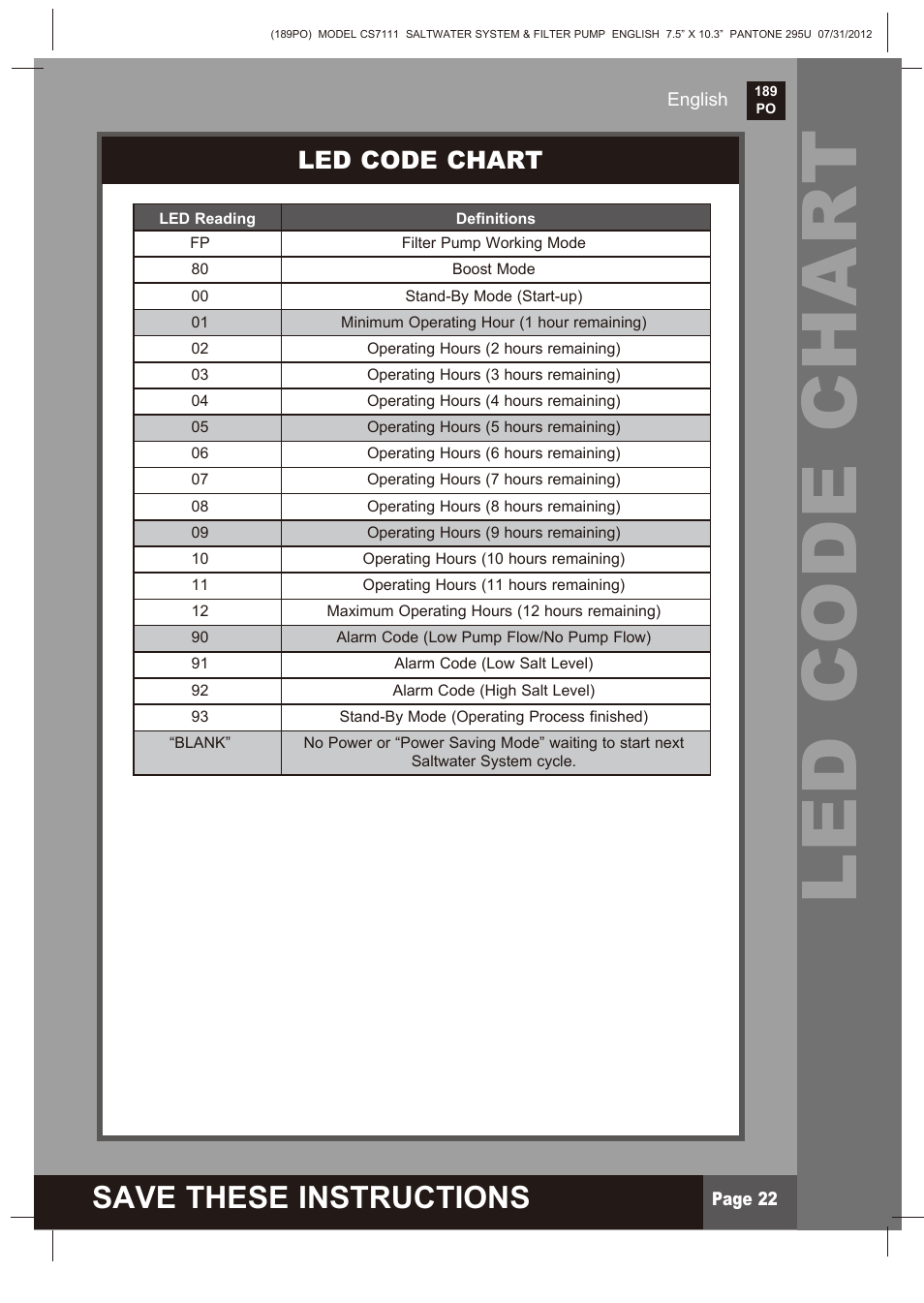Led code chart, Save these instructions | Intex CS7111 Krystal Clear Saltwater System 2013 User Manual | Page 22 / 32