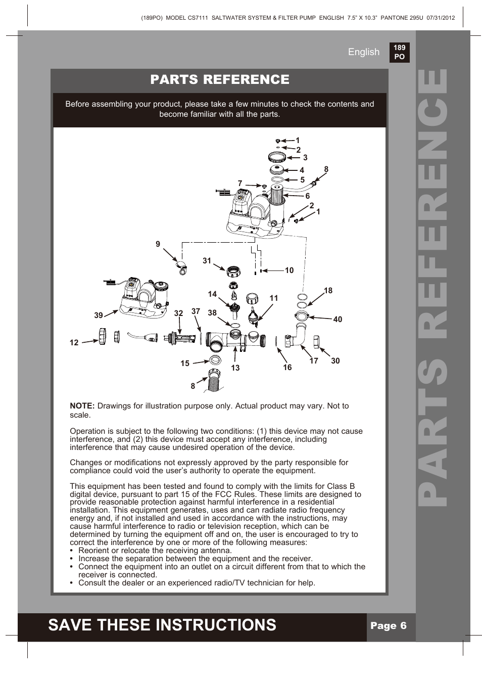 Parts reference, Save these instructions | Intex CS7111 Krystal Clear Saltwater System 2013 User Manual | Page 6 / 32
