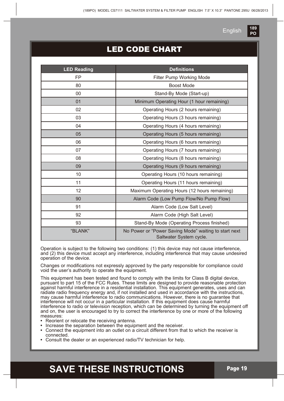 Save these instructions, S ave these instructions, Led code chart | Intex CS7111 Krystal Clear Saltwater System 2014 User Manual | Page 19 / 29