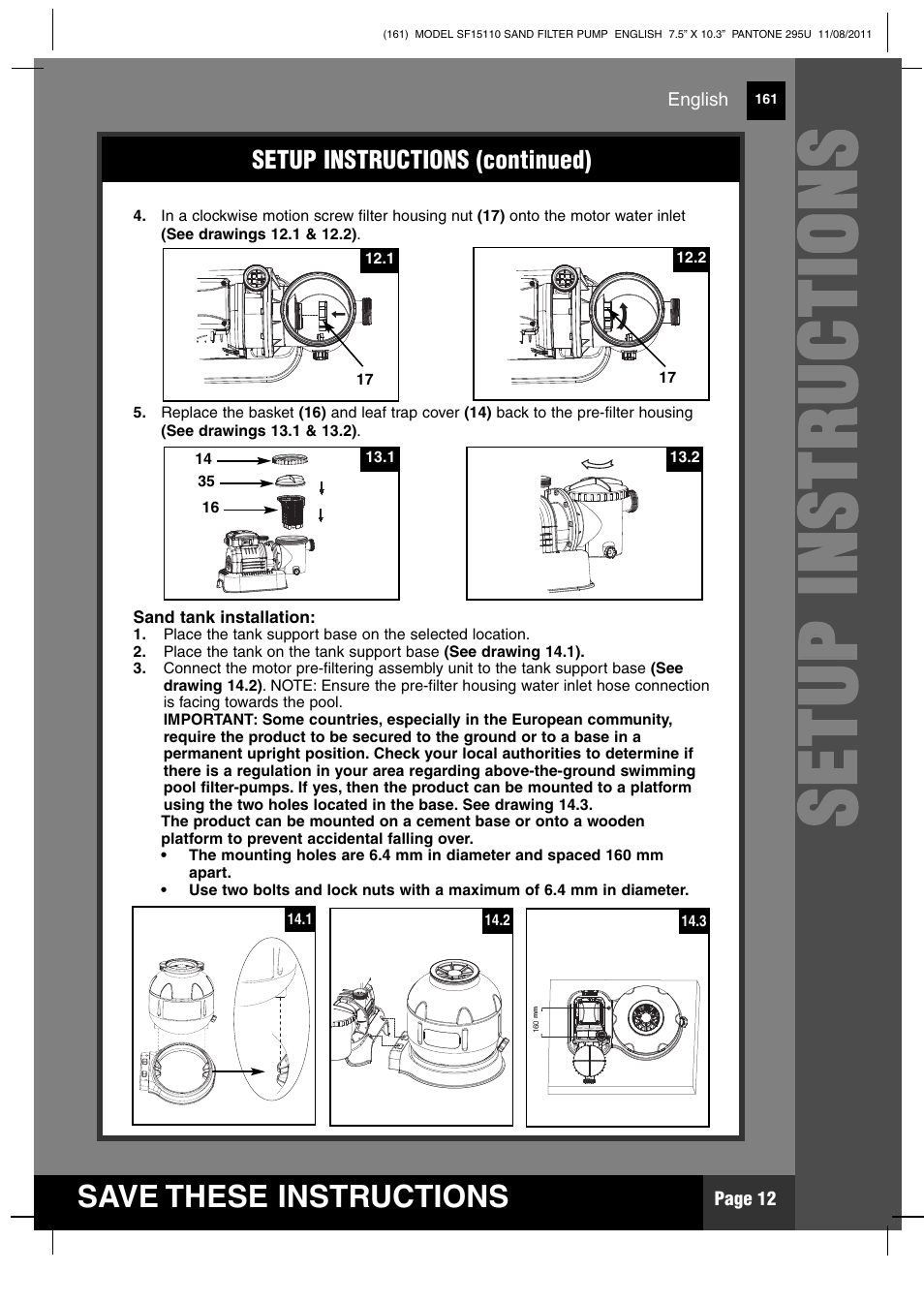 Ss ee tt uu pp ii nn ss tt rr uu cc tt iioo nn ss | Intex SF15110 Krystal Clear 2012 User Manual | Page 12 / 30