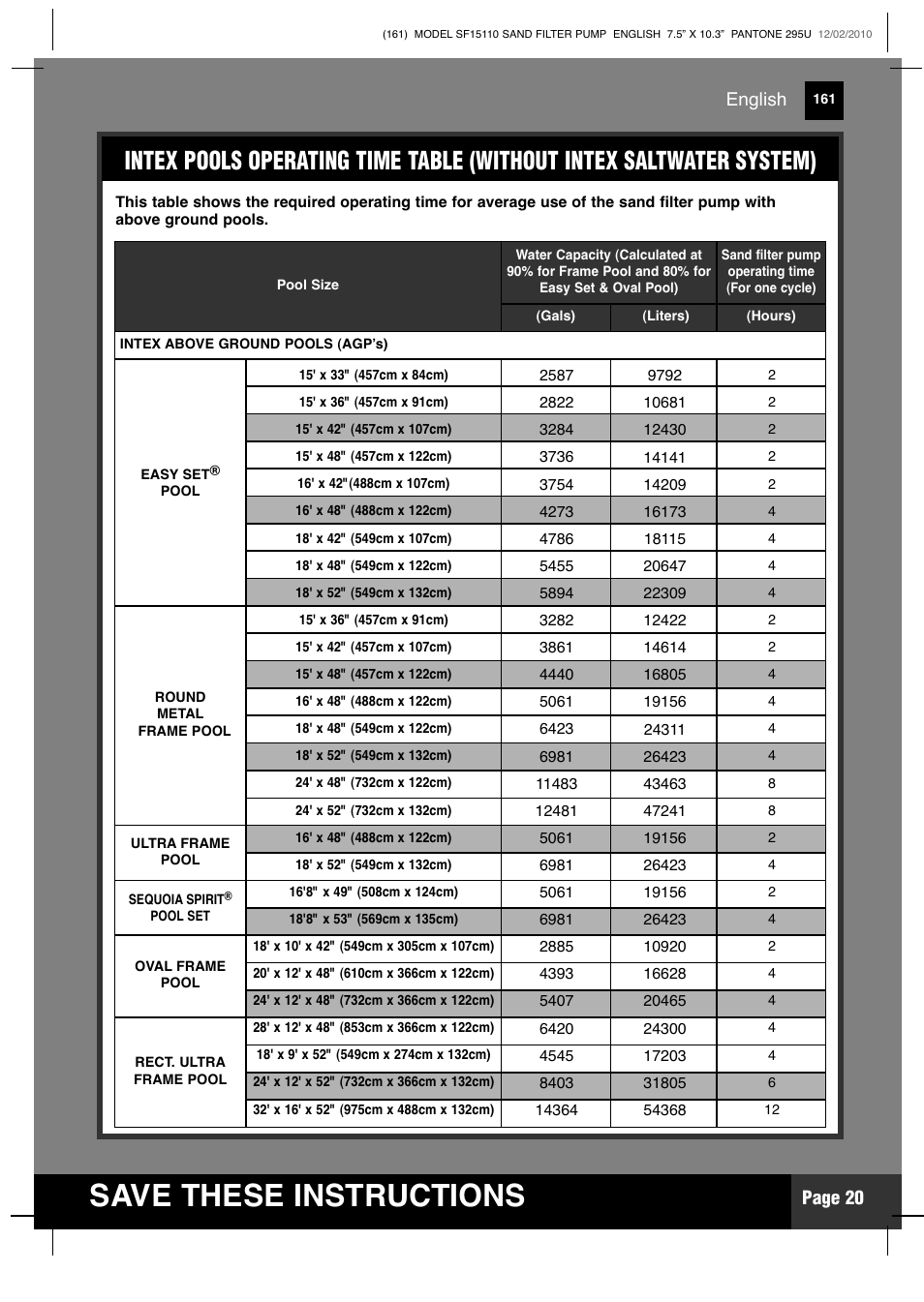 Save these instructions, Page 20, English | Intex SF15110 Krystal Clear 2011 User Manual | Page 20 / 30