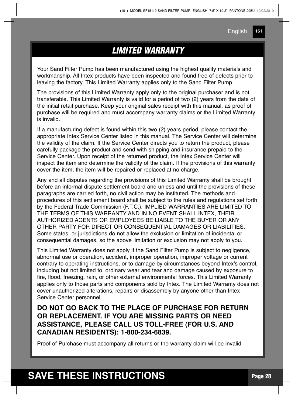 Save these instructions, Limited warranty | Intex SF15110 Krystal Clear 2011 User Manual | Page 28 / 30
