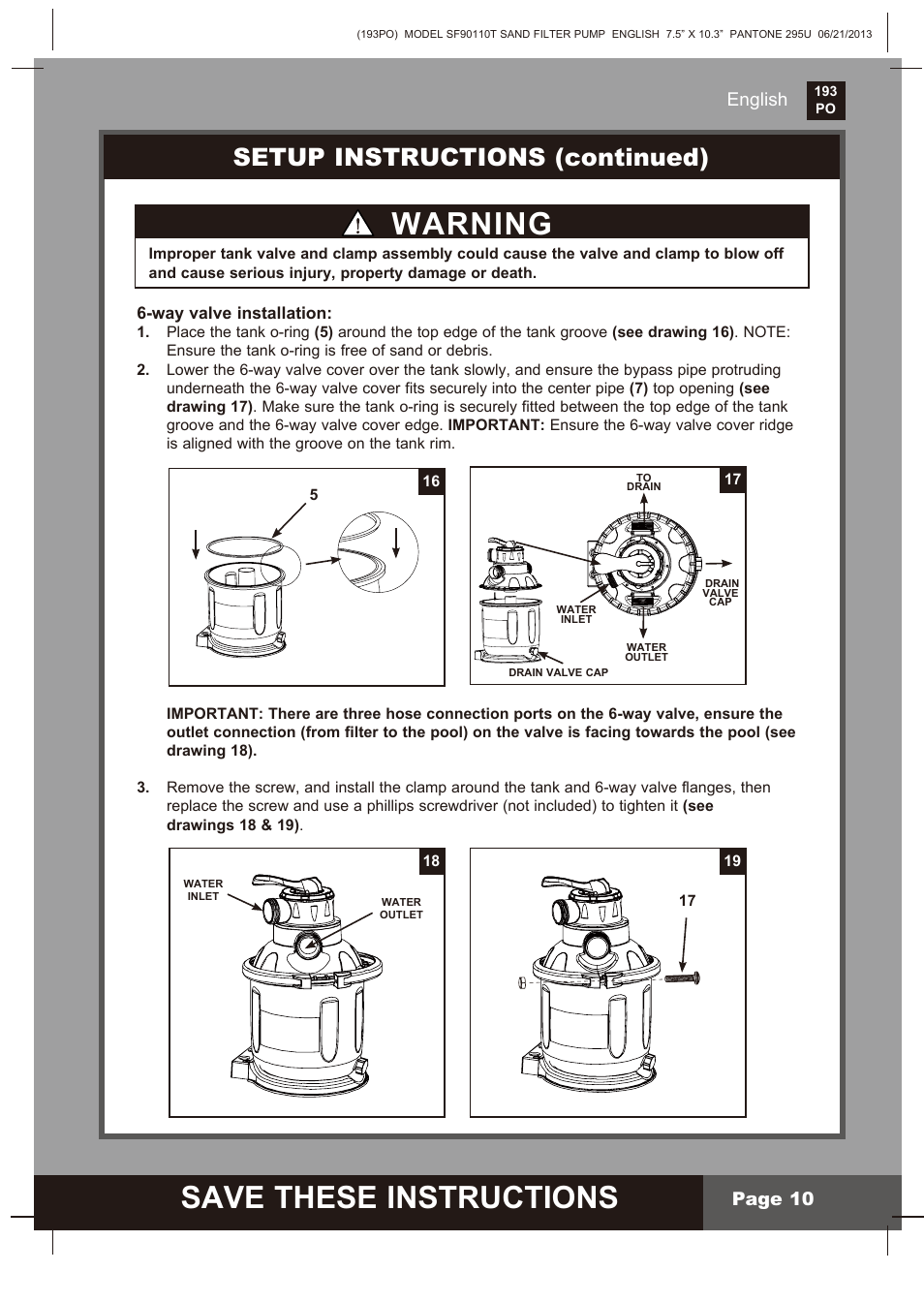 Save these instructions, Warning, Setup instructions (continued) | English, Page 10 | Intex SF90110T Krystal Clear 2014 User Manual | Page 10 / 23
