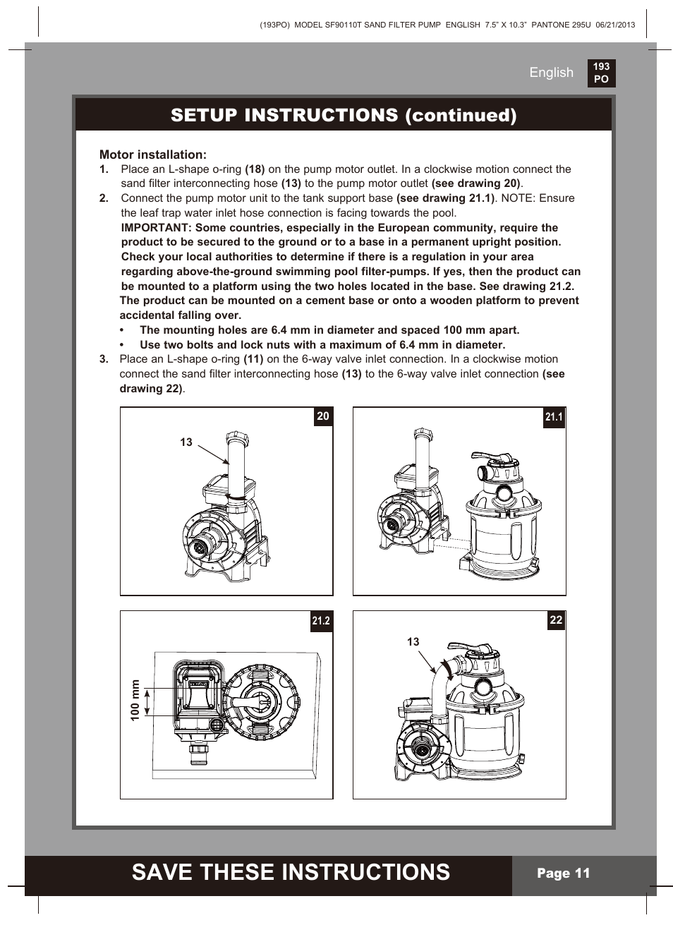 Save these instructions, Setup instructions (continued) | Intex SF90110T Krystal Clear 2014 User Manual | Page 11 / 23