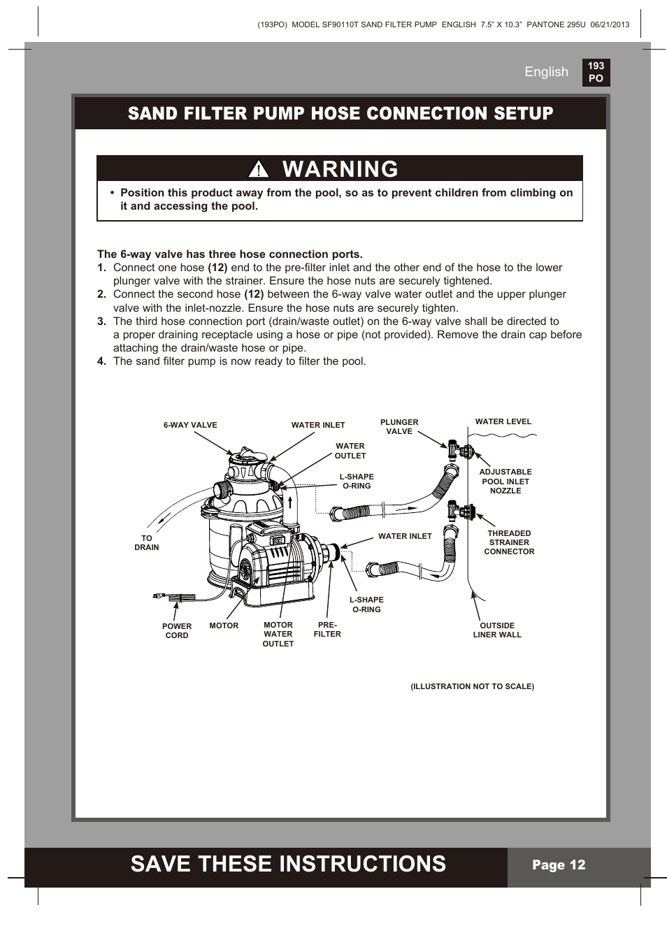Save these instructions, Warning, Sand filter pump hose connection setup | English page 12 | Intex SF90110T Krystal Clear 2014 User Manual | Page 12 / 23