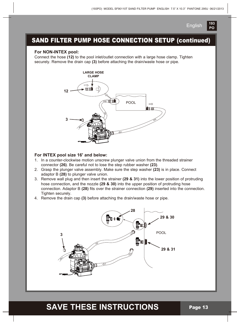 Save these instructions, Sand filter pump hose connection setup (continued) | Intex SF90110T Krystal Clear 2014 User Manual | Page 13 / 23