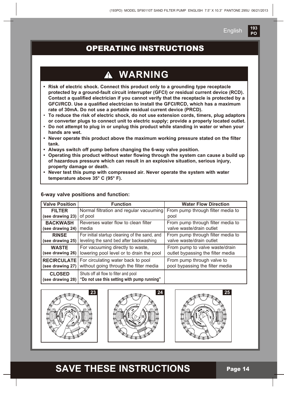Save these instructions, Warning, Operating instructions | Intex SF90110T Krystal Clear 2014 User Manual | Page 14 / 23