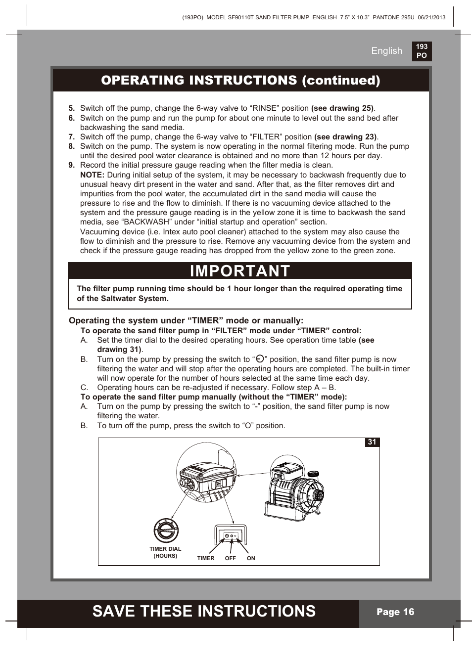 Save these instructions, Important, Operating instructions (continued) | English page 16 | Intex SF90110T Krystal Clear 2014 User Manual | Page 16 / 23