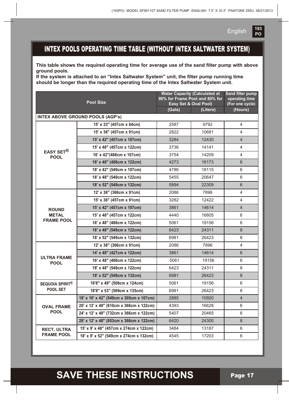 Save these instructions, English page 17 | Intex SF90110T Krystal Clear 2014 User Manual | Page 17 / 23