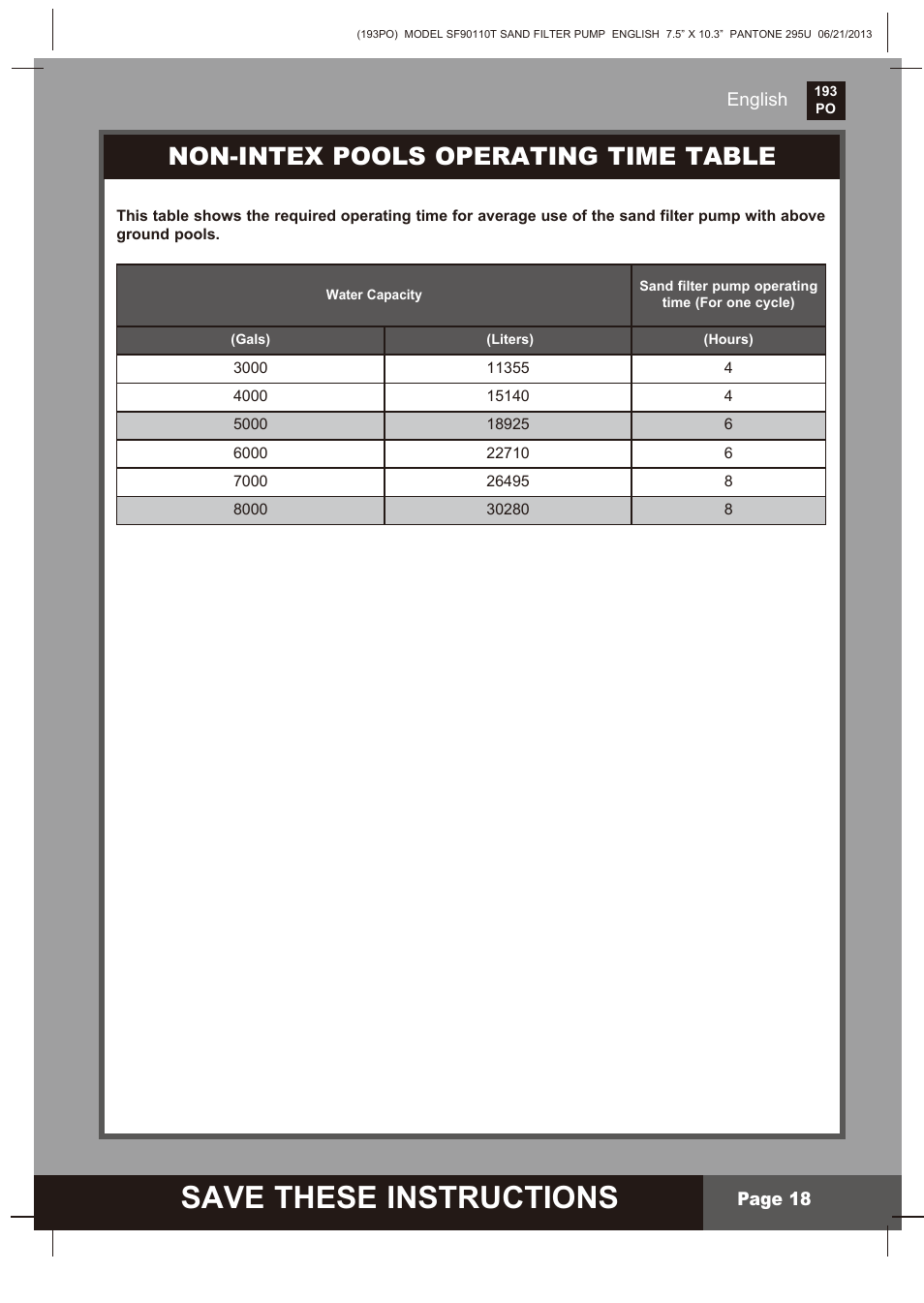 Save these instructions, Non-intex pools operating time table | Intex SF90110T Krystal Clear 2014 User Manual | Page 18 / 23