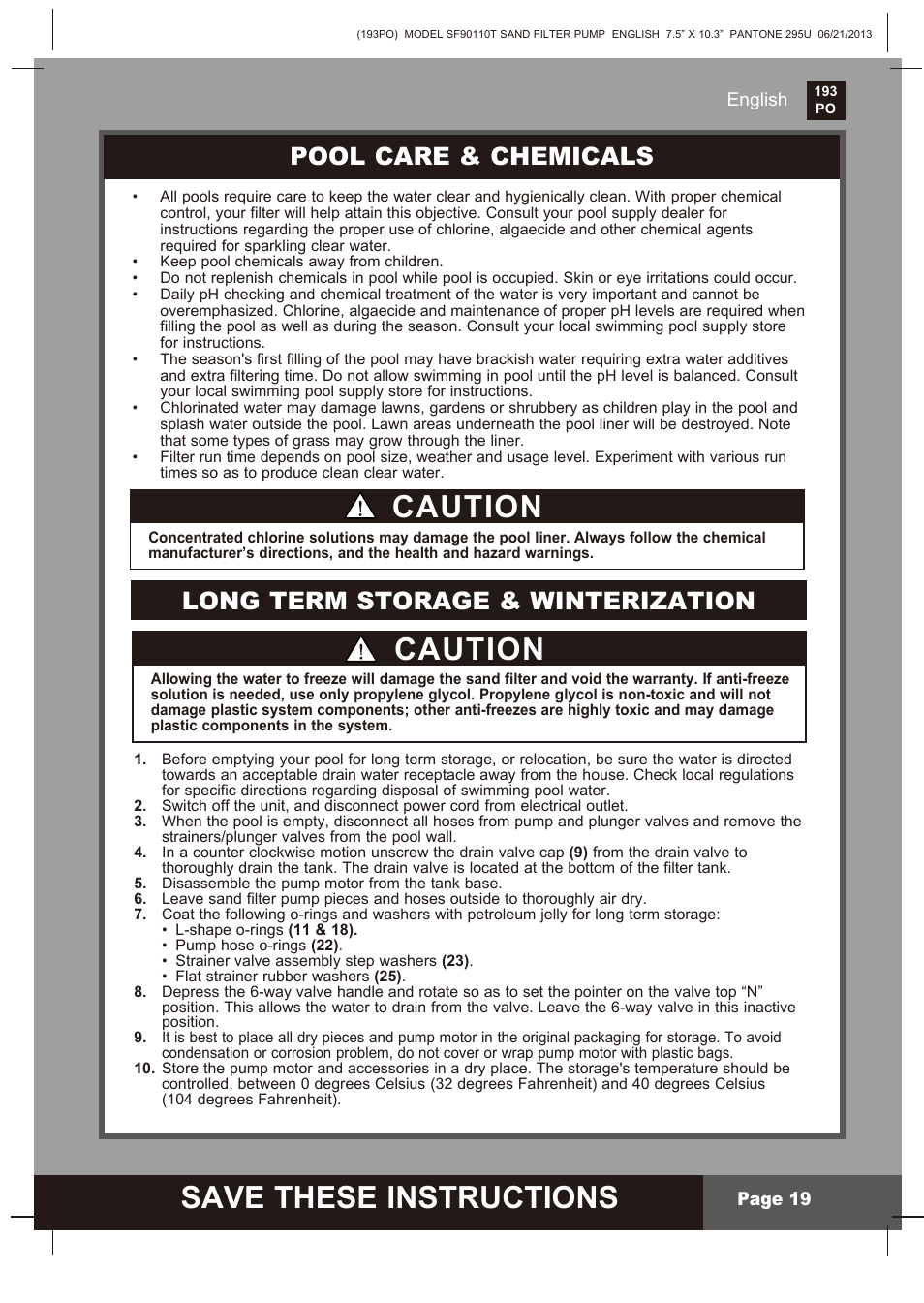 Save these instructions, Caution, Pool care & chemicals | Long term storage & winterization | Intex SF90110T Krystal Clear 2014 User Manual | Page 19 / 23