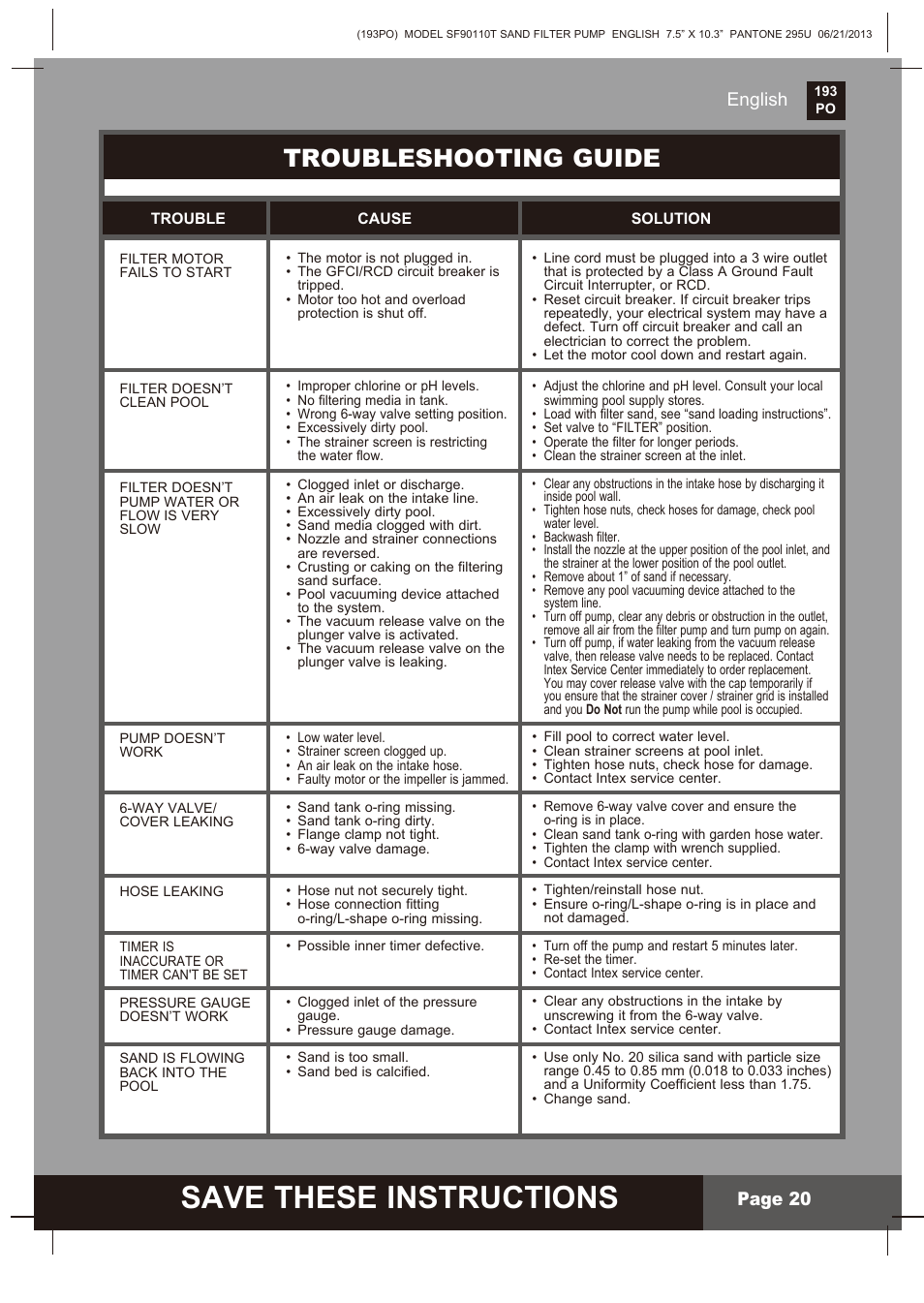 Save these instructions, Troubleshooting guide, English page 20 | Intex SF90110T Krystal Clear 2014 User Manual | Page 20 / 23
