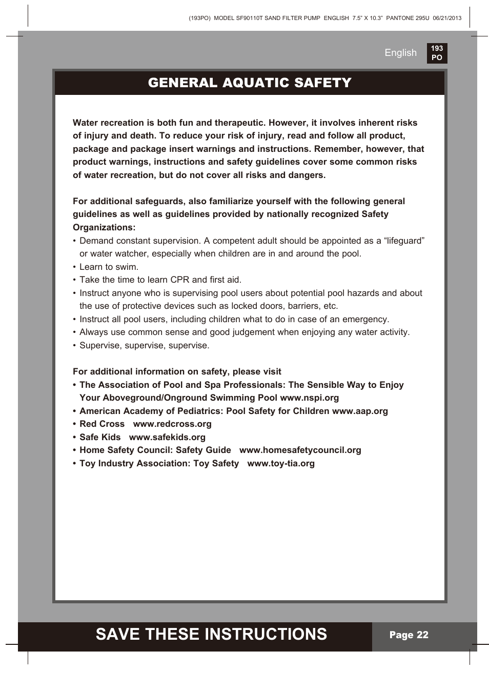 Save these instructions, General aquatic safety | Intex SF90110T Krystal Clear 2014 User Manual | Page 22 / 23