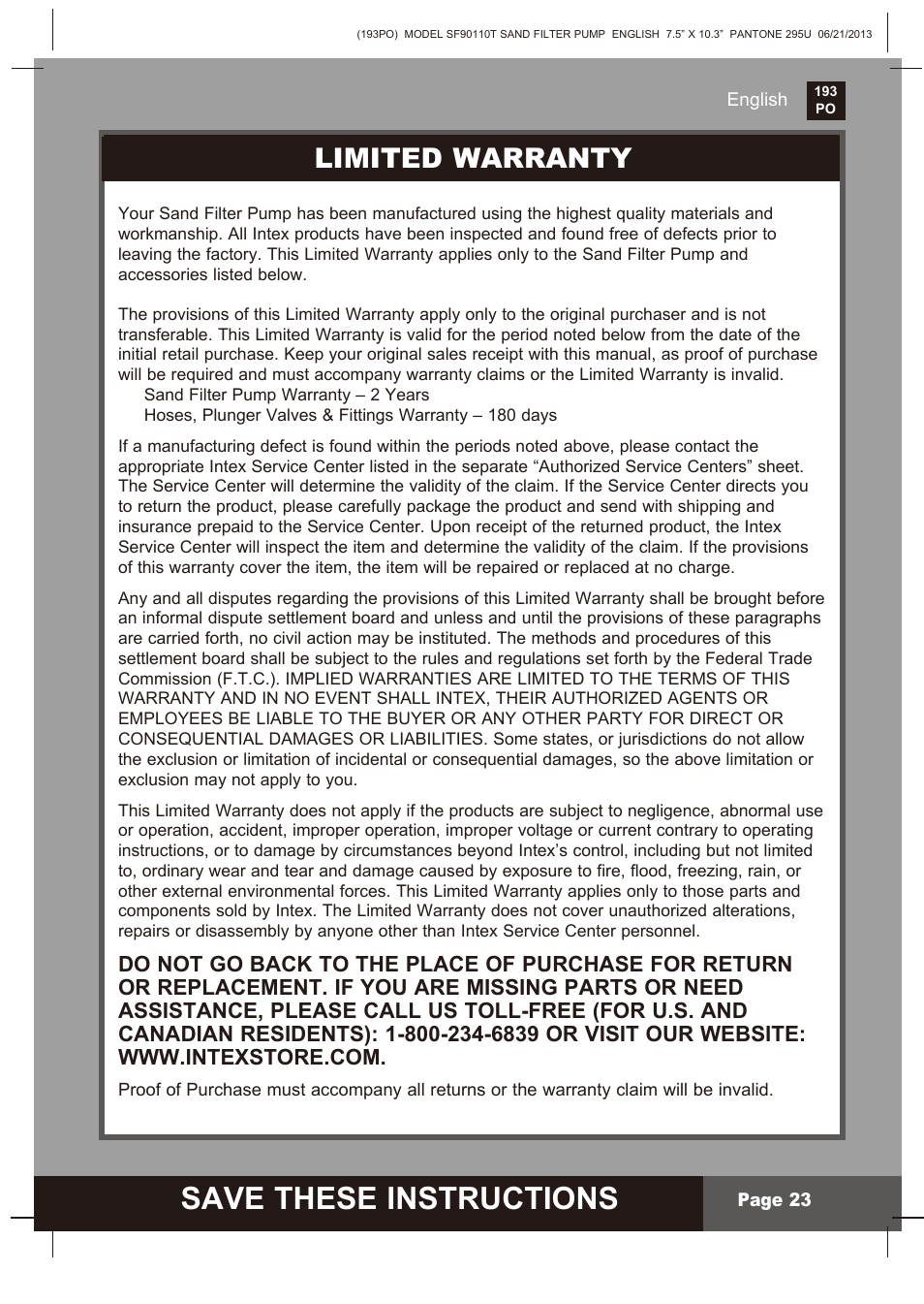 Save these instructions, Limited warranty | Intex SF90110T Krystal Clear 2014 User Manual | Page 23 / 23