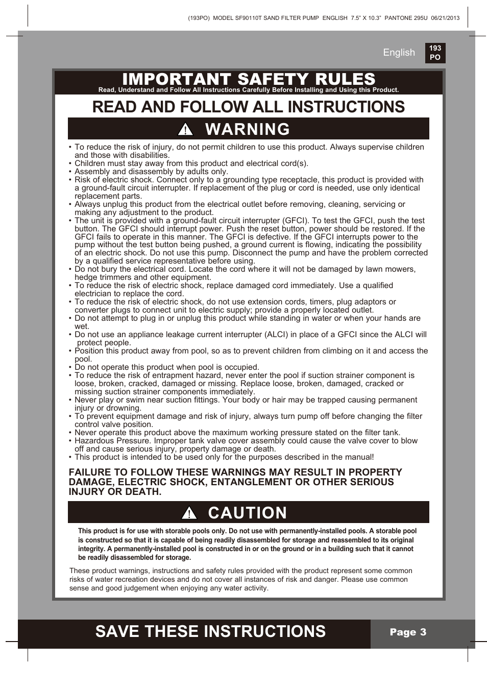 Save these instructions, Important safety rules, Read and follow all instructions warning | Caution | Intex SF90110T Krystal Clear 2014 User Manual | Page 3 / 23