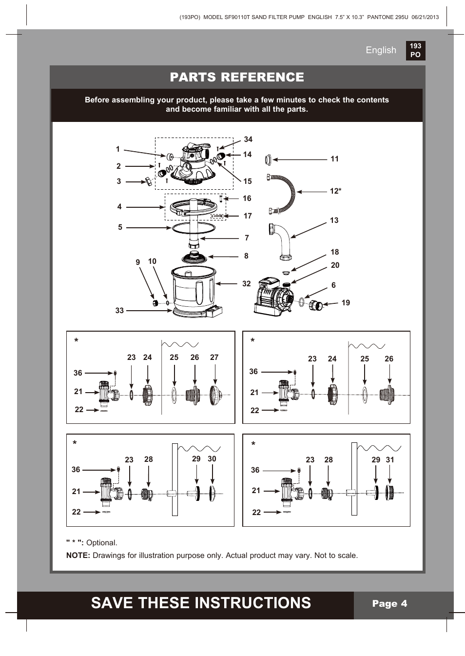 Save these instructions, Parts reference | Intex SF90110T Krystal Clear 2014 User Manual | Page 4 / 23