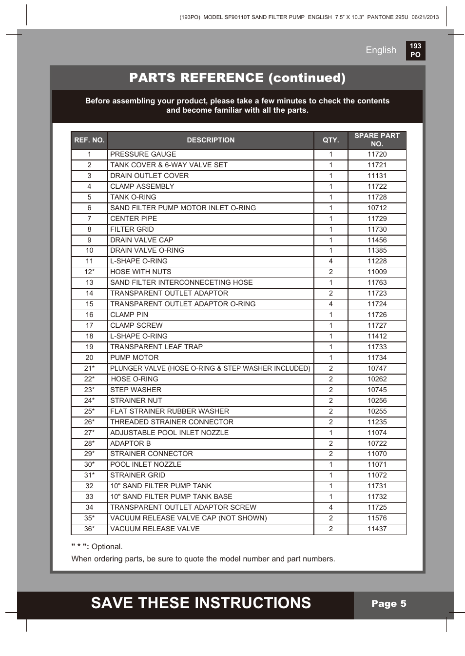 Save these instructions, Parts reference (continued), English | Page 5 | Intex SF90110T Krystal Clear 2014 User Manual | Page 5 / 23