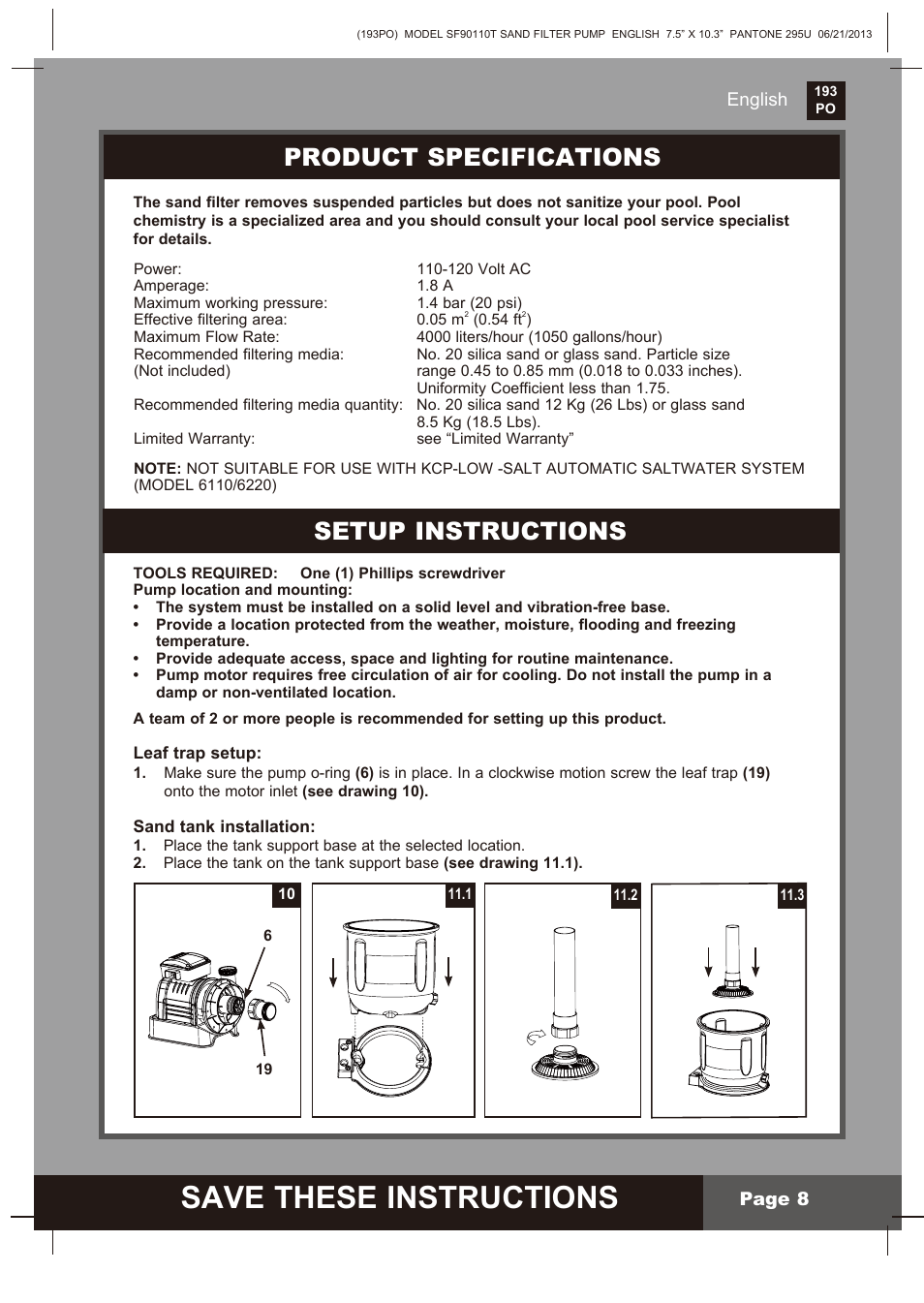 Save these instructions, Product specifications setup instructions, English | Page 8 | Intex SF90110T Krystal Clear 2014 User Manual | Page 8 / 23