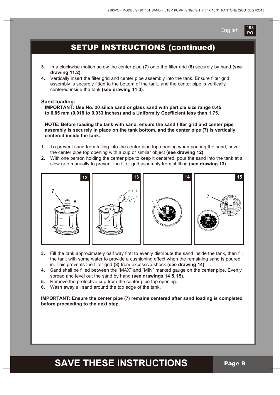 Save these instructions, Setup instructions (continued), English page 9 | Intex SF90110T Krystal Clear 2014 User Manual | Page 9 / 23