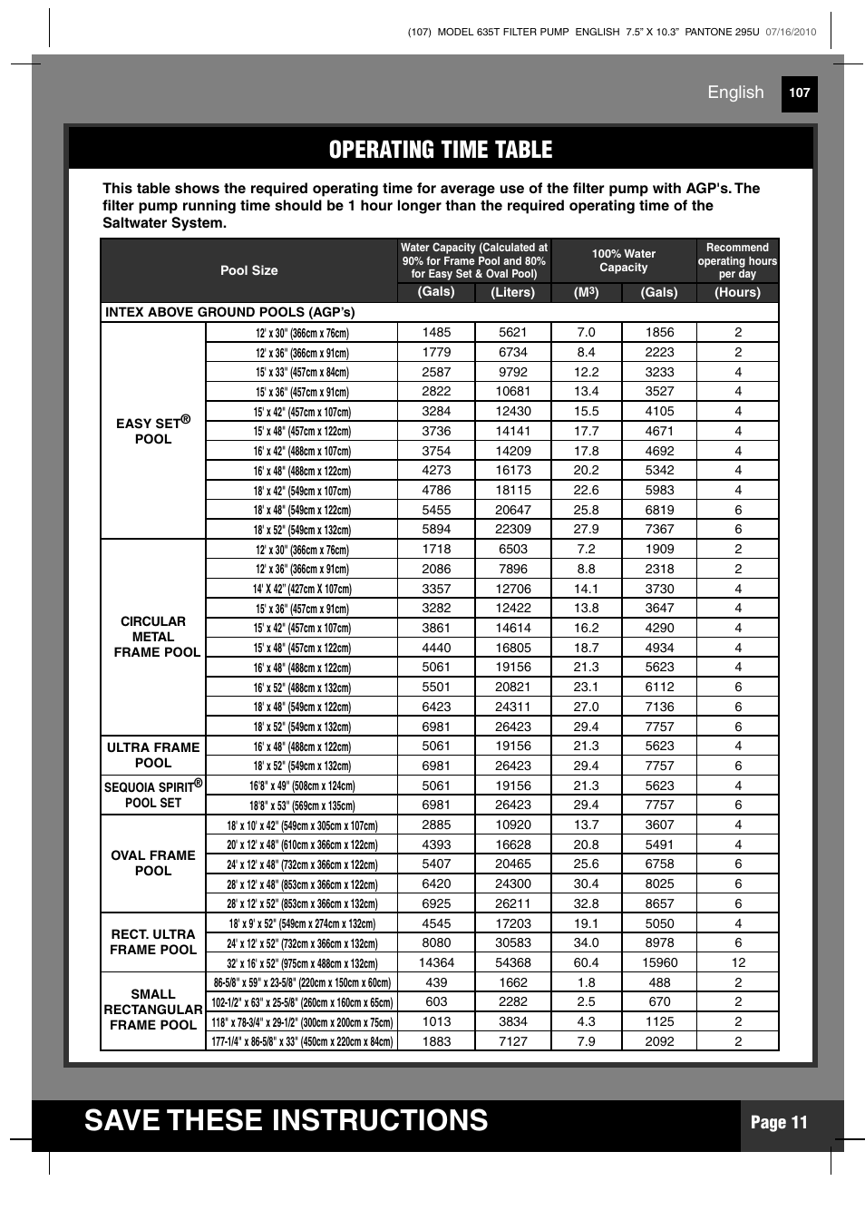 Save these instructions, Operating time table, Page 11 | English | Intex 635T Krystal Clear 2011 User Manual | Page 11 / 19
