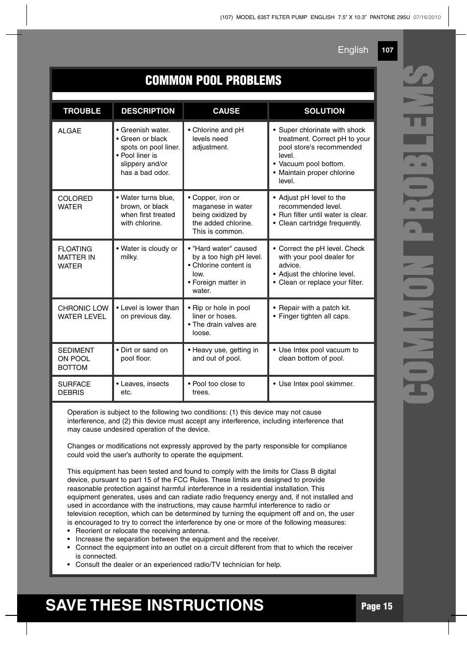 Cc oo mm mm oo nn pp rr oo bb llee mm ss, Save these instructions | Intex 635T Krystal Clear 2011 User Manual | Page 15 / 19