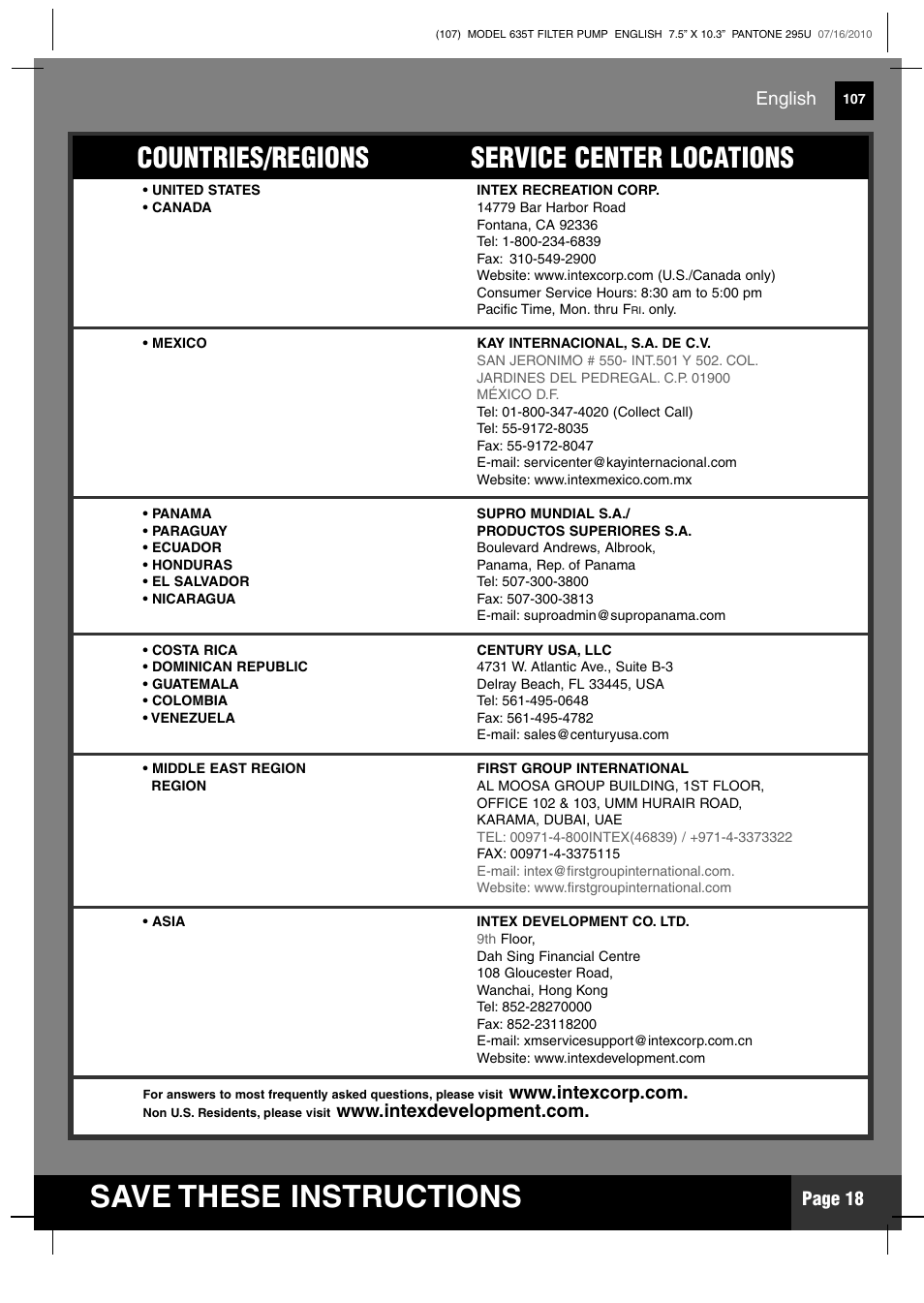 Save these instructions, Countries/regions service center locations, Page 18 | English | Intex 635T Krystal Clear 2011 User Manual | Page 18 / 19