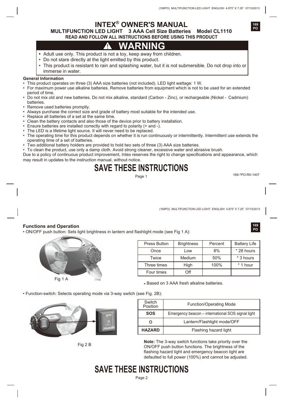 Intex CL1110 2014 User Manual | 2 pages