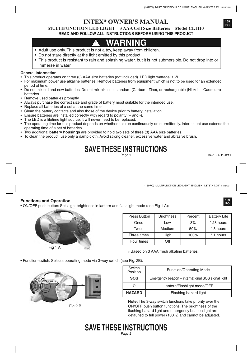 Intex CL1110 2012 User Manual | 3 pages