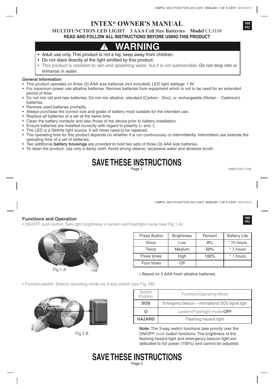 Intex CL1110 2011 User Manual | 3 pages