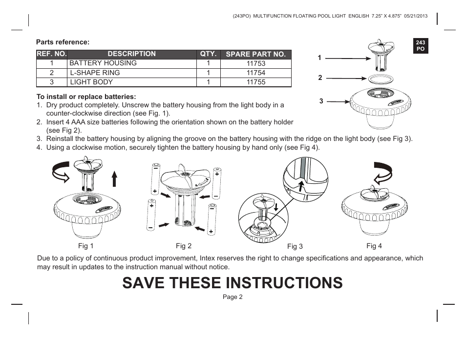 Save these instructions | Intex FL690 User Manual | Page 2 / 4