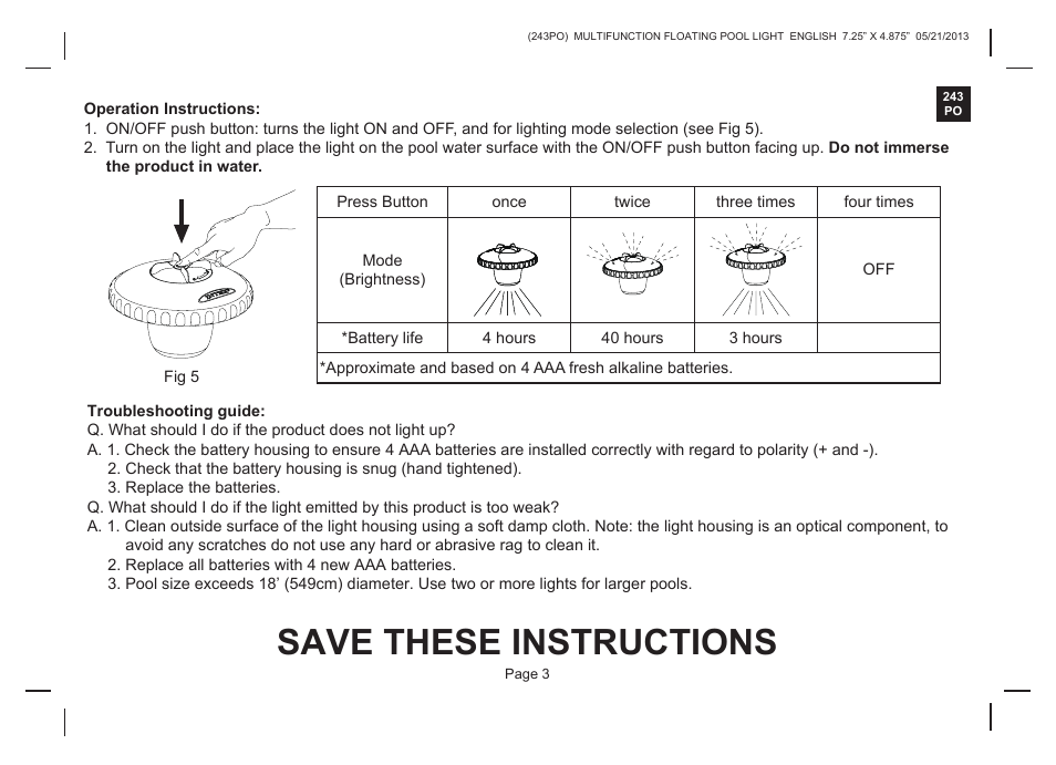 Save these instructions | Intex FL690 User Manual | Page 3 / 4