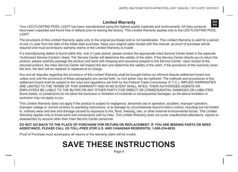 Save these instructions | Intex FL690 User Manual | Page 4 / 4