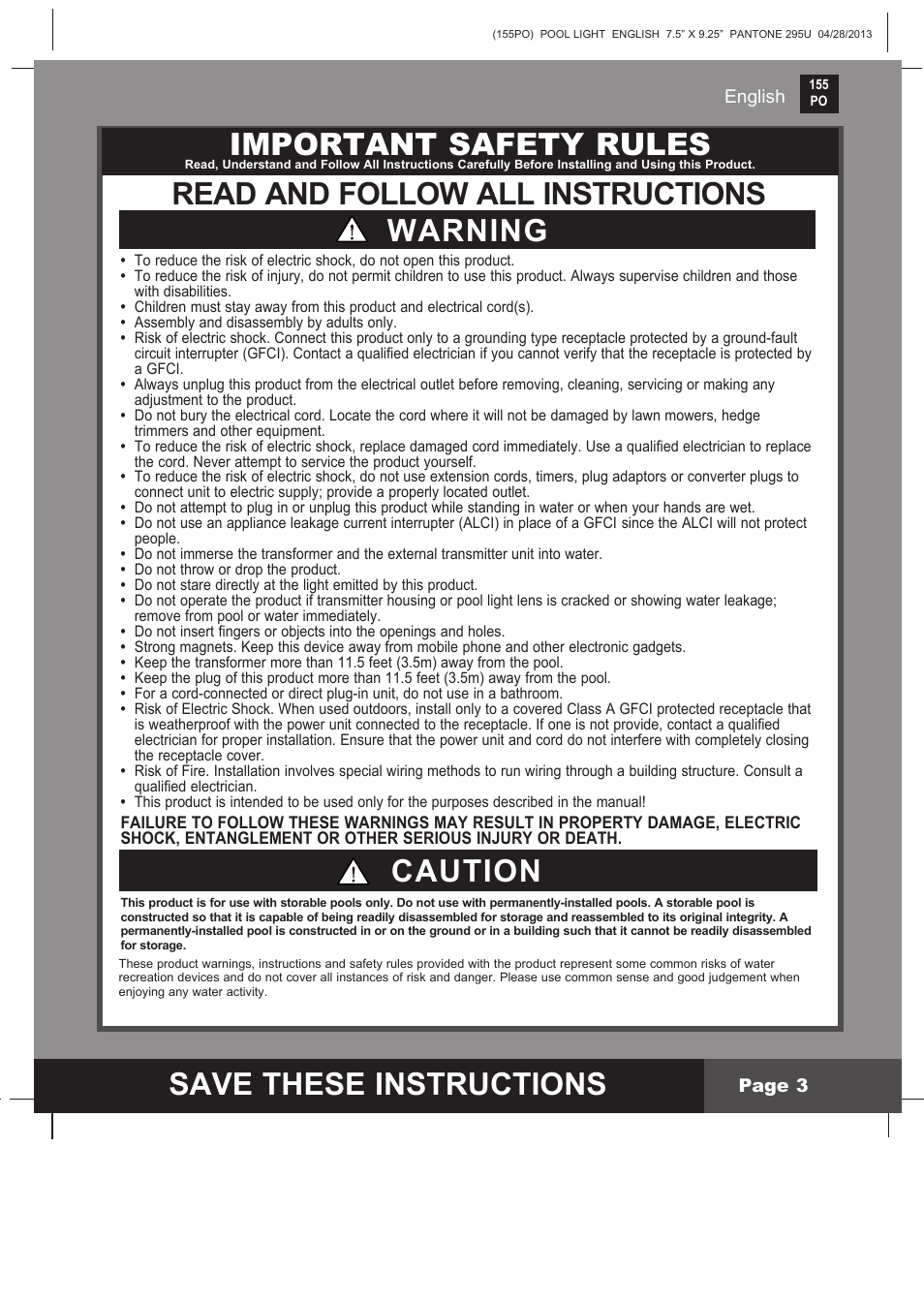 Save these instructions, Important safety rules, Warning read and follow all instructions | Caution | Intex WL3110 User Manual | Page 3 / 9