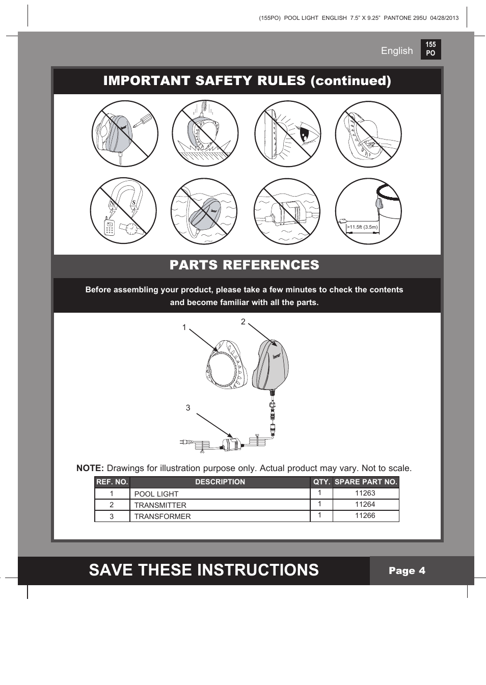 Save these instructions, Important safety rules (continued), Parts references | English, Page 4 | Intex WL3110 User Manual | Page 4 / 9
