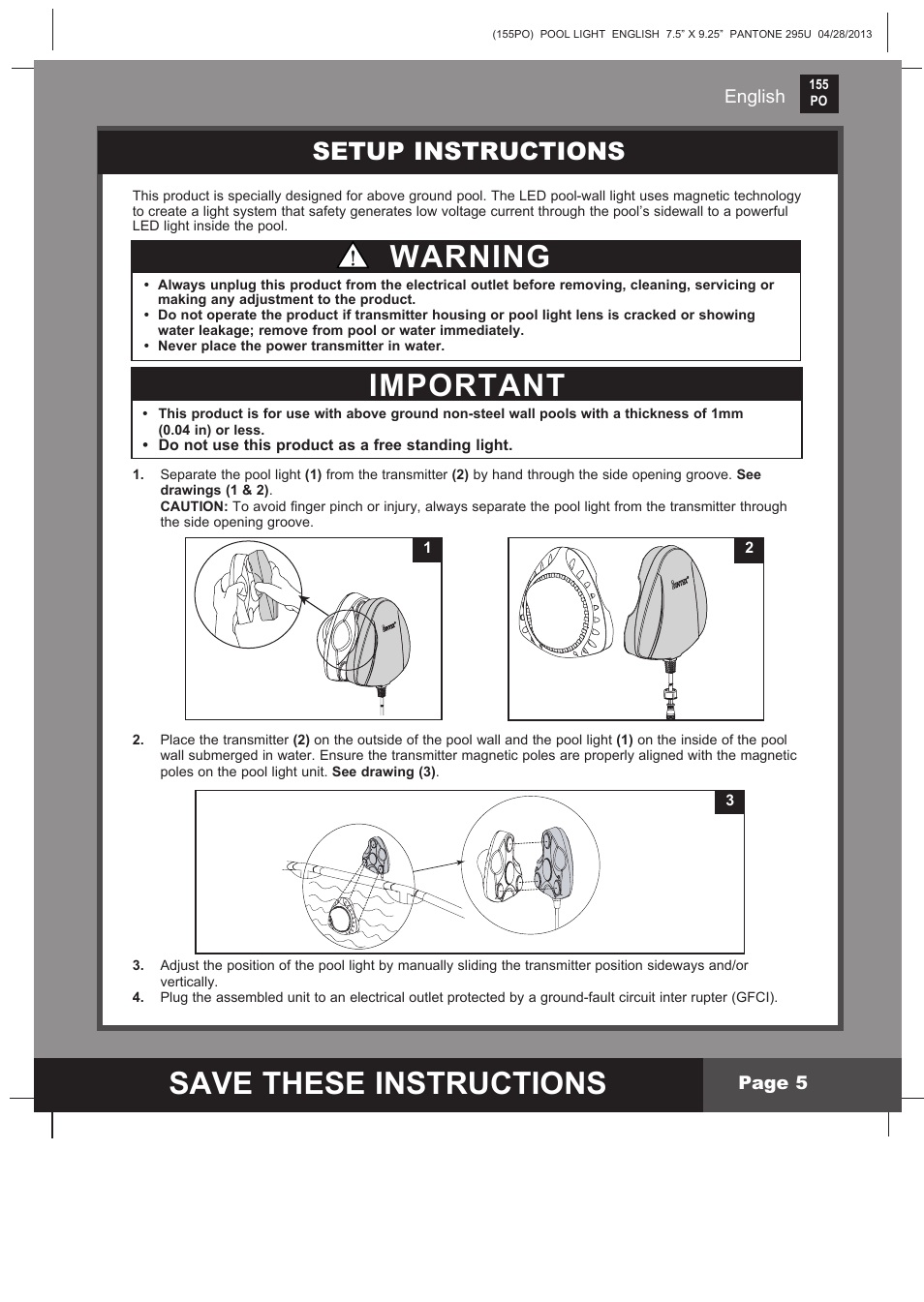 Save these instructions, Important, Warning | Setup instructions | Intex WL3110 User Manual | Page 5 / 9