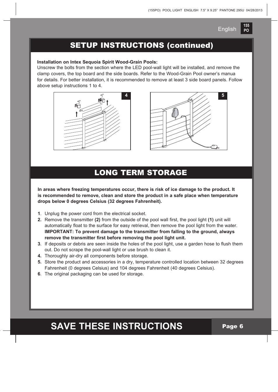 Save these instructions, Setup instructions (continued), Long term storage | Intex WL3110 User Manual | Page 6 / 9