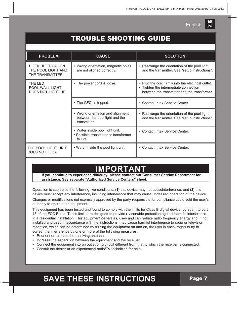 Save these instructions, Important, Trouble shooting guide | English, Page 7 | Intex WL3110 User Manual | Page 7 / 9