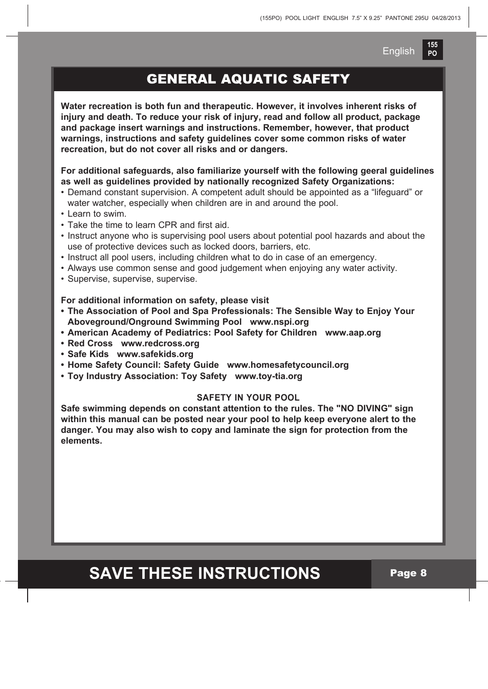 Save these instructions, General aquatic safety | Intex WL3110 User Manual | Page 8 / 9