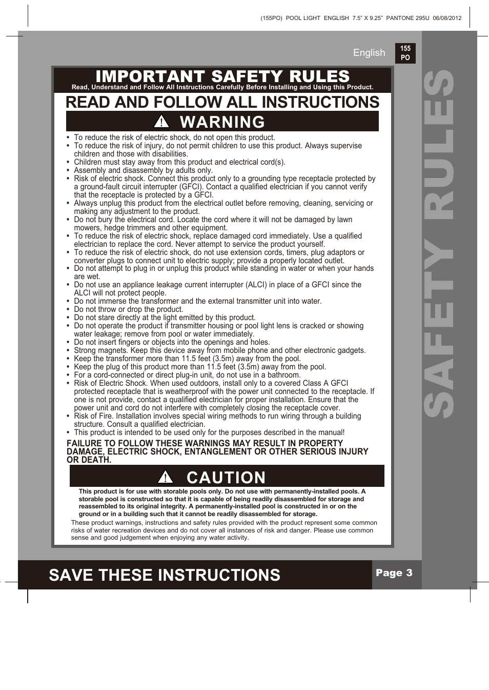Safety rules, Save these instructions, Important safety rules | Warning read and follow all instructions, Caution | Intex WL3110 2013 User Manual | Page 3 / 9