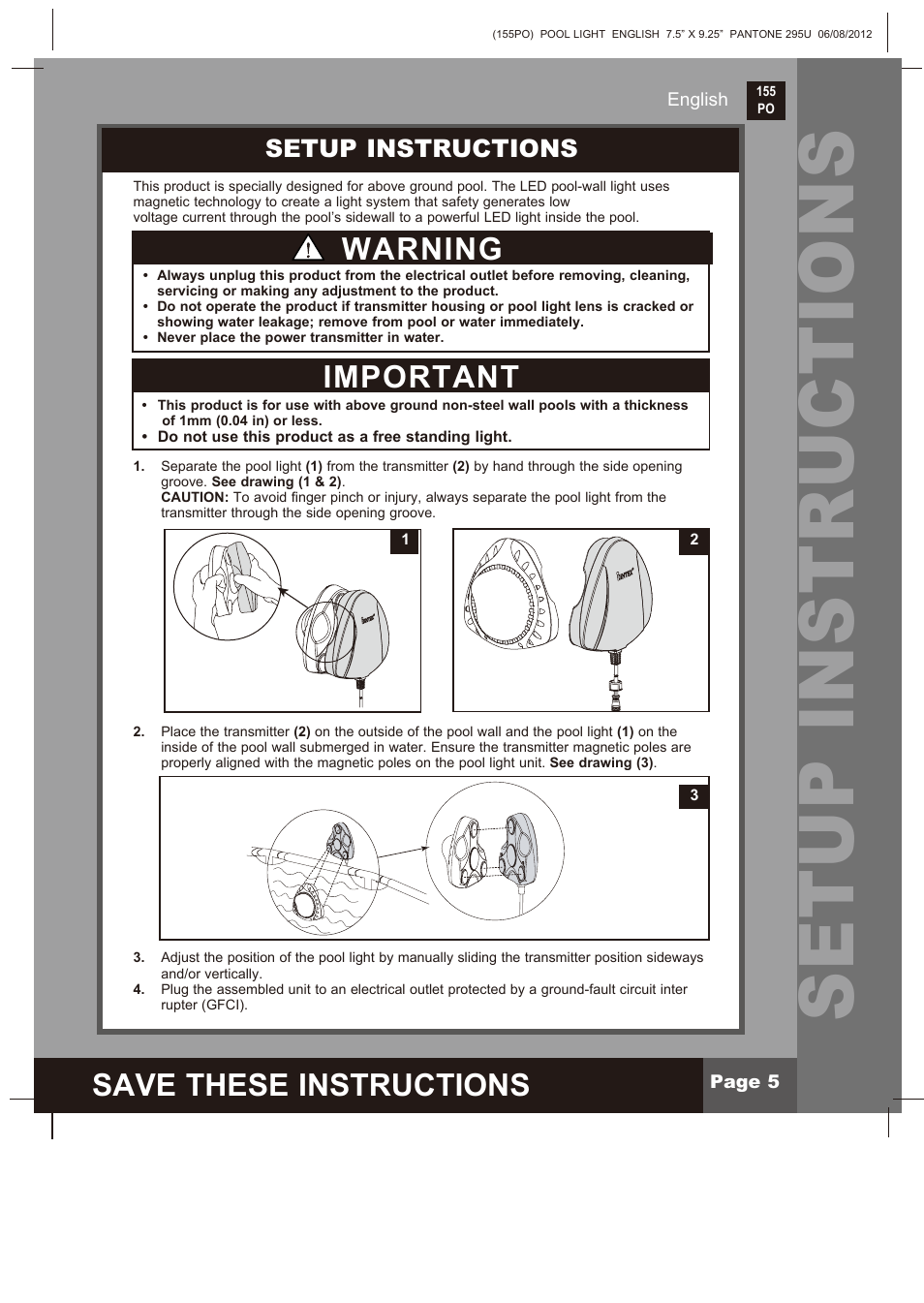 Setup instructions, Save these instructions, Important | Warning | Intex WL3110 2013 User Manual | Page 5 / 9