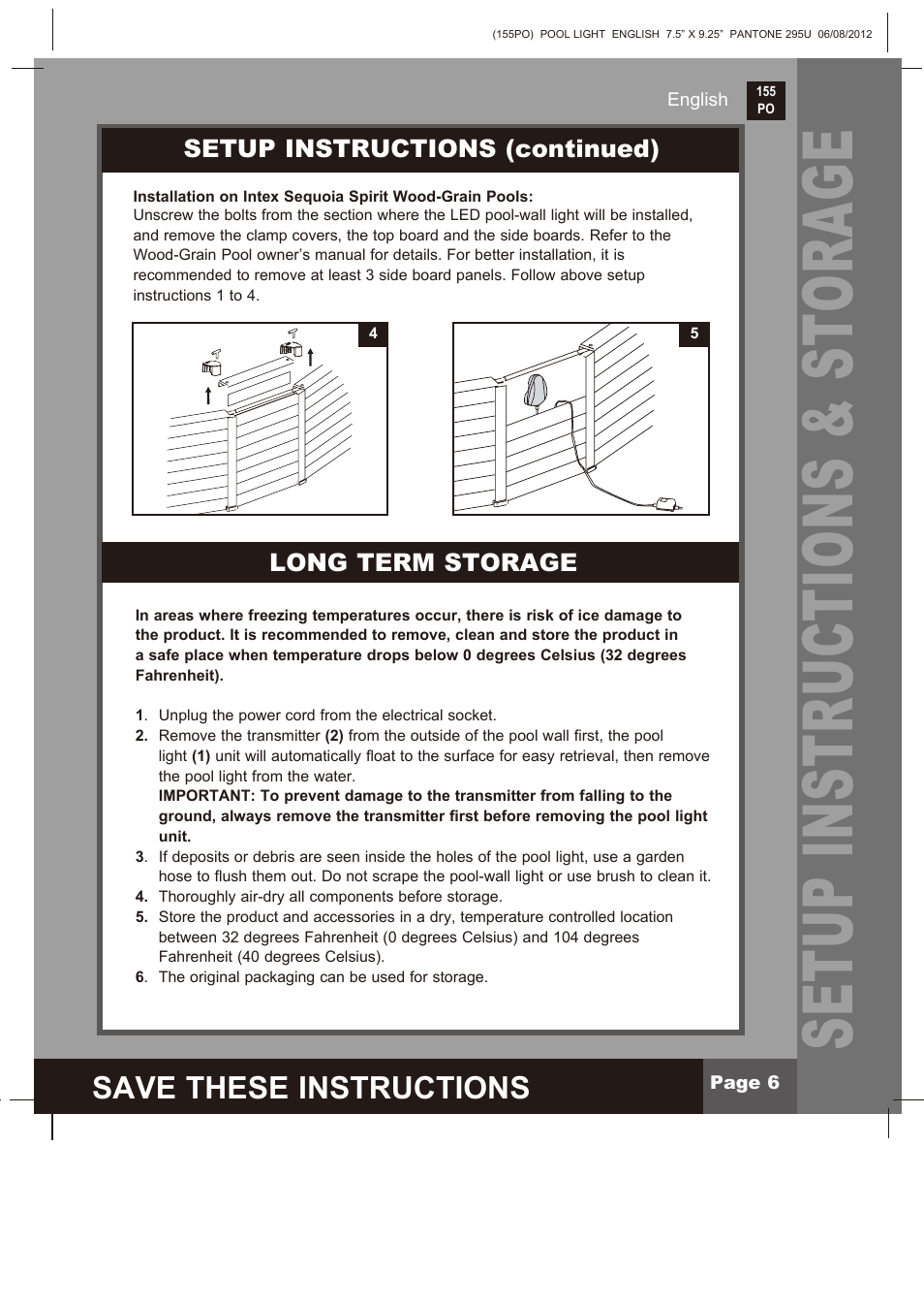 Setup instructions & storage, Save these instructions, Setup instructions (continued) | Long term storage | Intex WL3110 2013 User Manual | Page 6 / 9